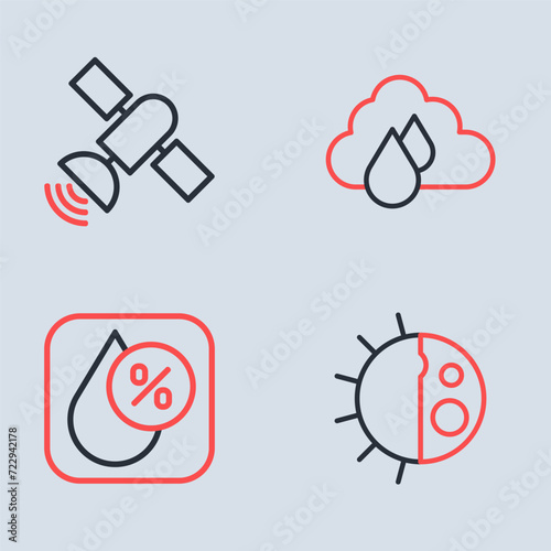 Set line Cloud with rain, Water drop percentage, Day night cycle and Satellite icon. Vector