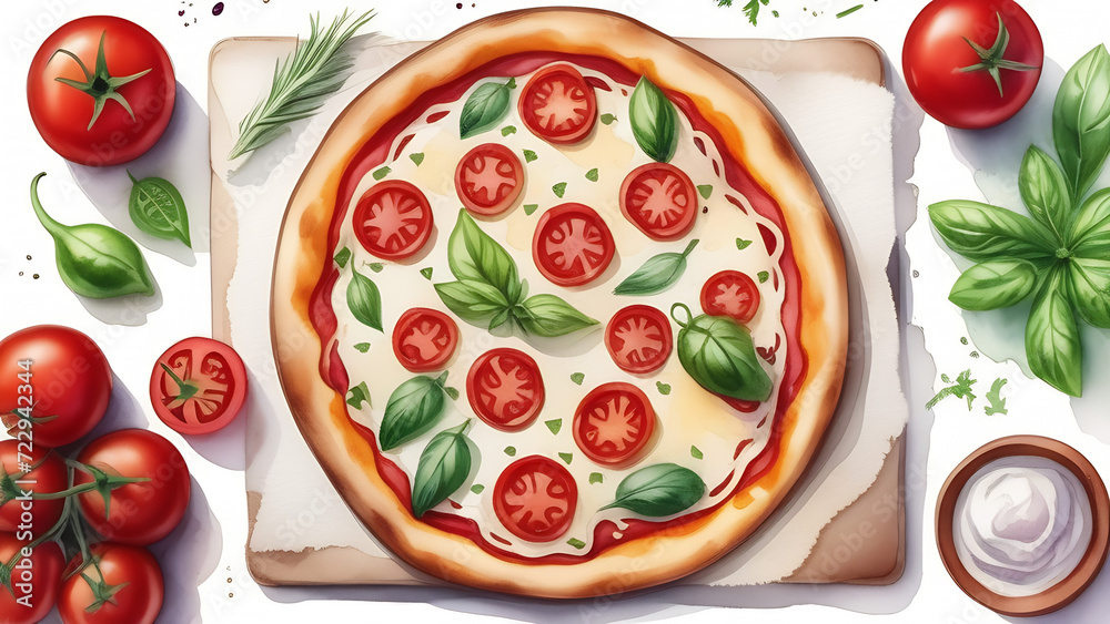 Delicious, yummy pizza with ingredients for pizza on white background, illustration Delicious, yummy pizza with ingredients for pizza on white background, illustration
