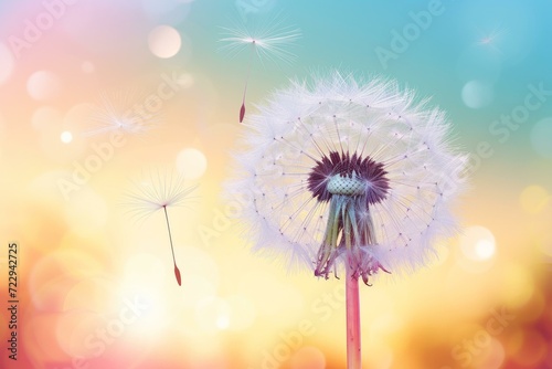 Dandelion seeds blowing in the wind with a beautiful blurred background in shades of yellow, pink and blue