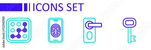 Set line Old key, Fingerprint door lock, Mobile with fingerprint scanner and Graphic password protection icon. Vector