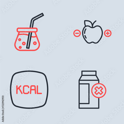 Set line Calorie calculator, Kcal, Lactose intolerance and Fresh smoothie icon. Vector