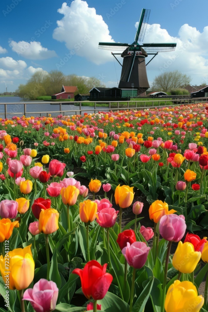 Multicolored tulips in a field with a windmill in the background
