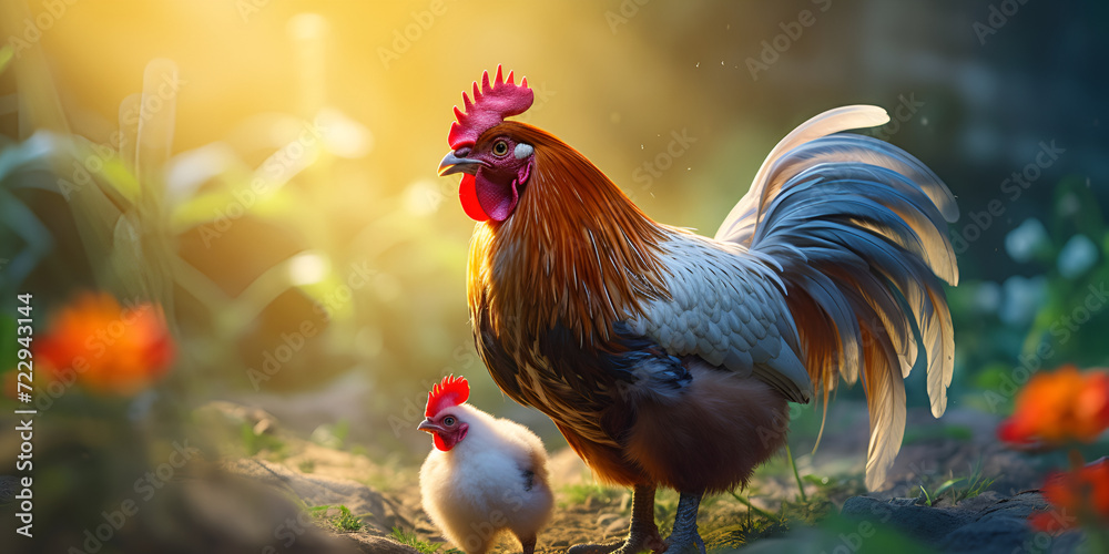 Majestic rooster standing in a farm, looking at camera with pride