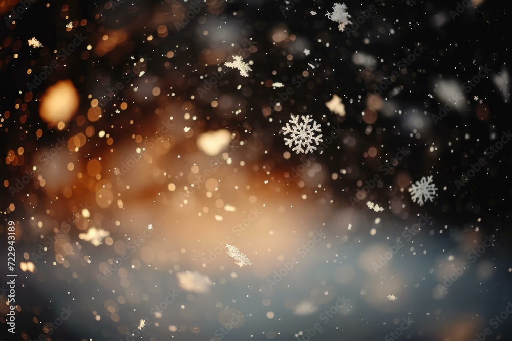 Obraz premium Blurred Image of Snowflakes Falling with a Warm Orange Background