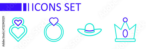 Set line King crown, Elegant women hat, Diamond engagement ring and Heart icon. Vector