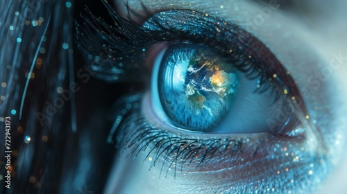 A close-up image of a woman's eye with the Earth reflected in it.