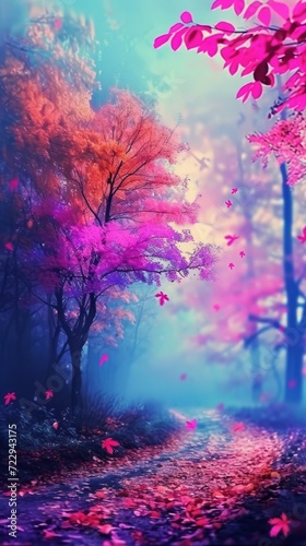 Colorful Autumn Forest Path with Pink Trees and Blue Sky