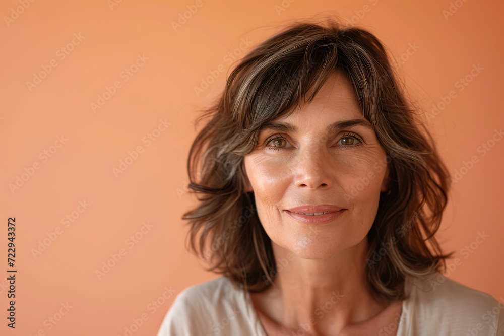 Capturing the Close-Up Beauty of a Radiant Mature Lady on a Peach-Tinted Canvas