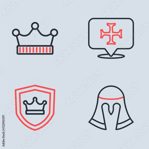 Set line Crusade, Shield with crown, Medieval helmet and King icon. Vector
