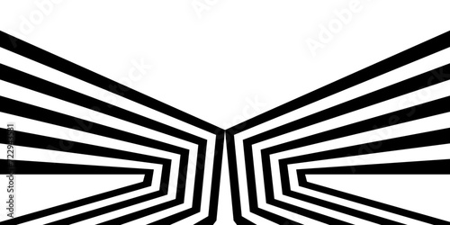 Black on white abstract perspective line stripes with 3d dimensional effect isolated on white.