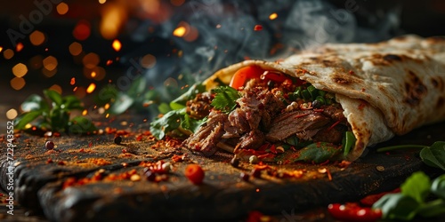 fresh grilled beef turkish or chicken arabic shawarma doner sandwich with flying ingredients and spices hot ready to serve and eat food commercial advertisement menu banner, Generative AI