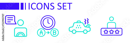 Set line Taxi service rating, Broken taxi car, waiting time and driver icon. Vector