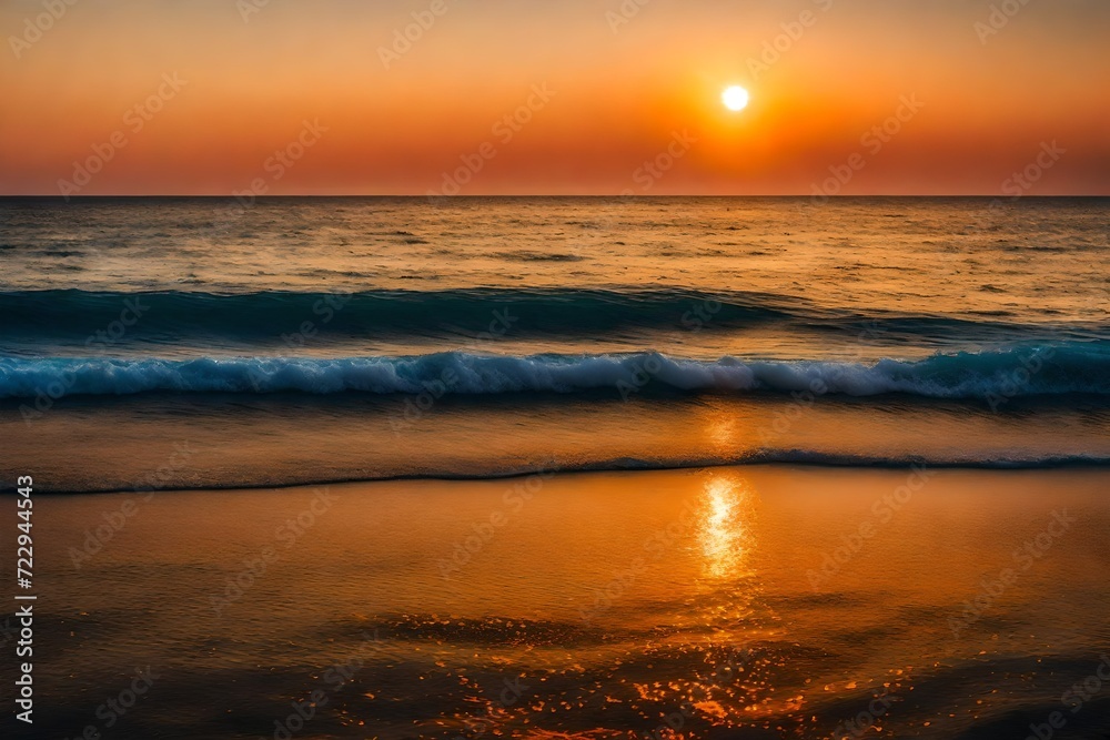 A panoramic view of the sea at sunset, the horizon ablaze with warm hues, the tranquil water reflecting the fading sunlight
