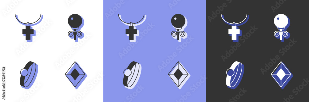 Set Gem stone, Christian cross chain, Diamond engagement ring and Stud earrings icon. Vector Set Gem stone, Christian cross chain, Diamond engagement ring and Stud earrings icon. Vector