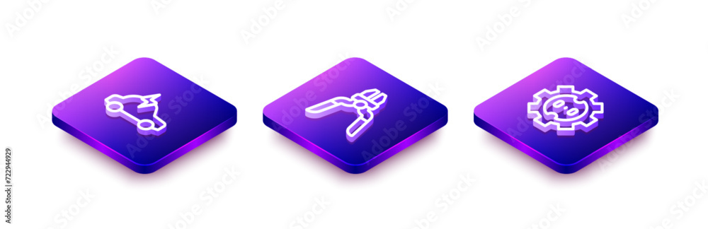 Set Isometric line Electric car, Pliers tool and Electrical outlet icon. Vector