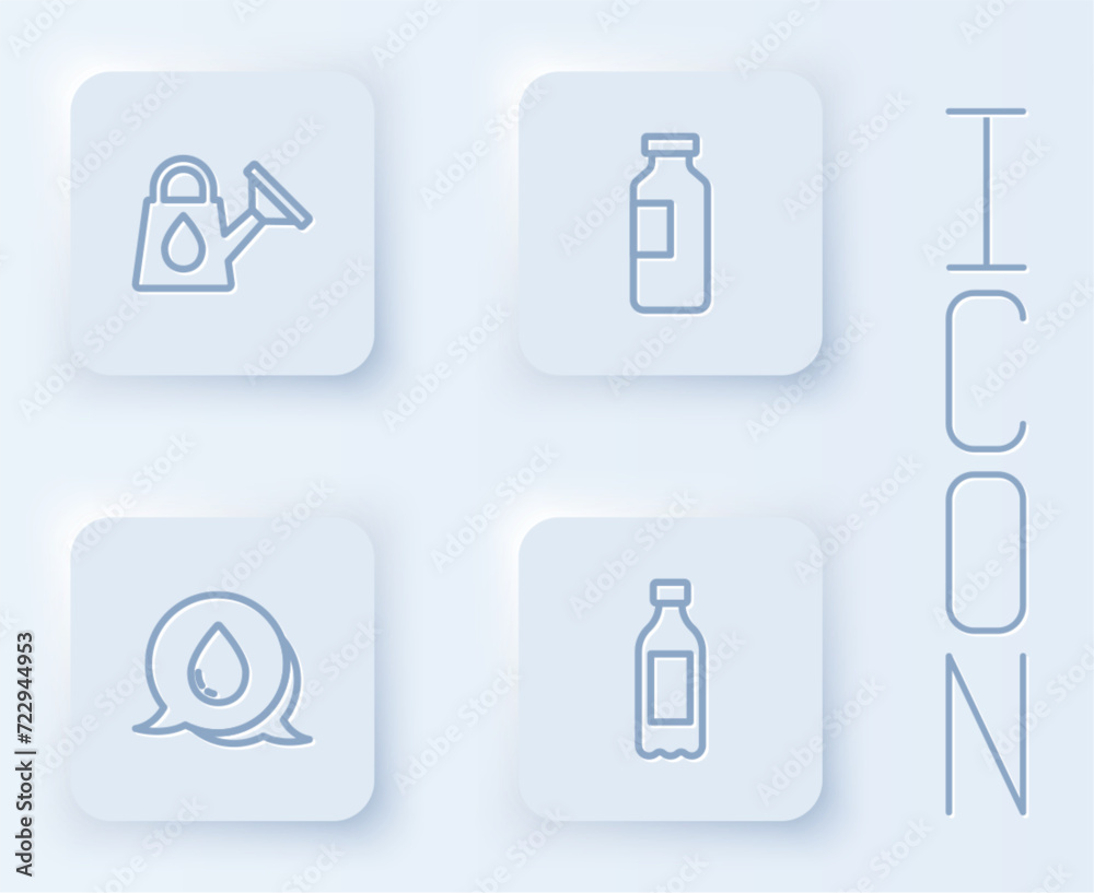 Set line Watering can, Bottle of water, drop with speech bubbles and . White square button. Vector Set line Watering can, Bottle of water, drop with speech bubbles and . White square button. Vector