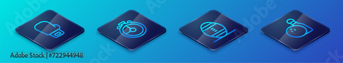 Set Isometric line American Football ball, Boxing glove, Bowling pin and and Stopwatch icon. Vector