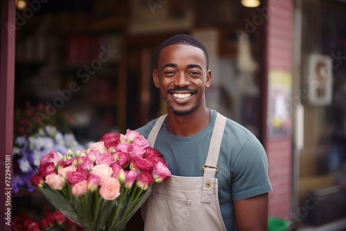 A happy worker african american man holds flowers in his hands on the background of a shop window
