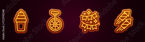 Set line Ice cream in waffle, Unicycle, Carnival garland with flags and Firework rocket. Glowing neon icon. Vector