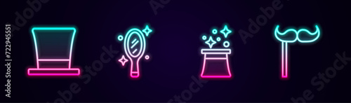 Set line Cylinder hat, Magic hand mirror, Magician and Paper mustache on stick. Glowing neon icon. Vector