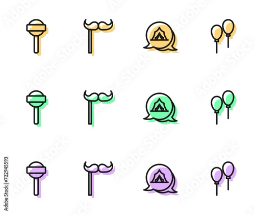 Set line Circus tent, Lollipop, Paper mustache on stick and Balloons with ribbon icon. Vector