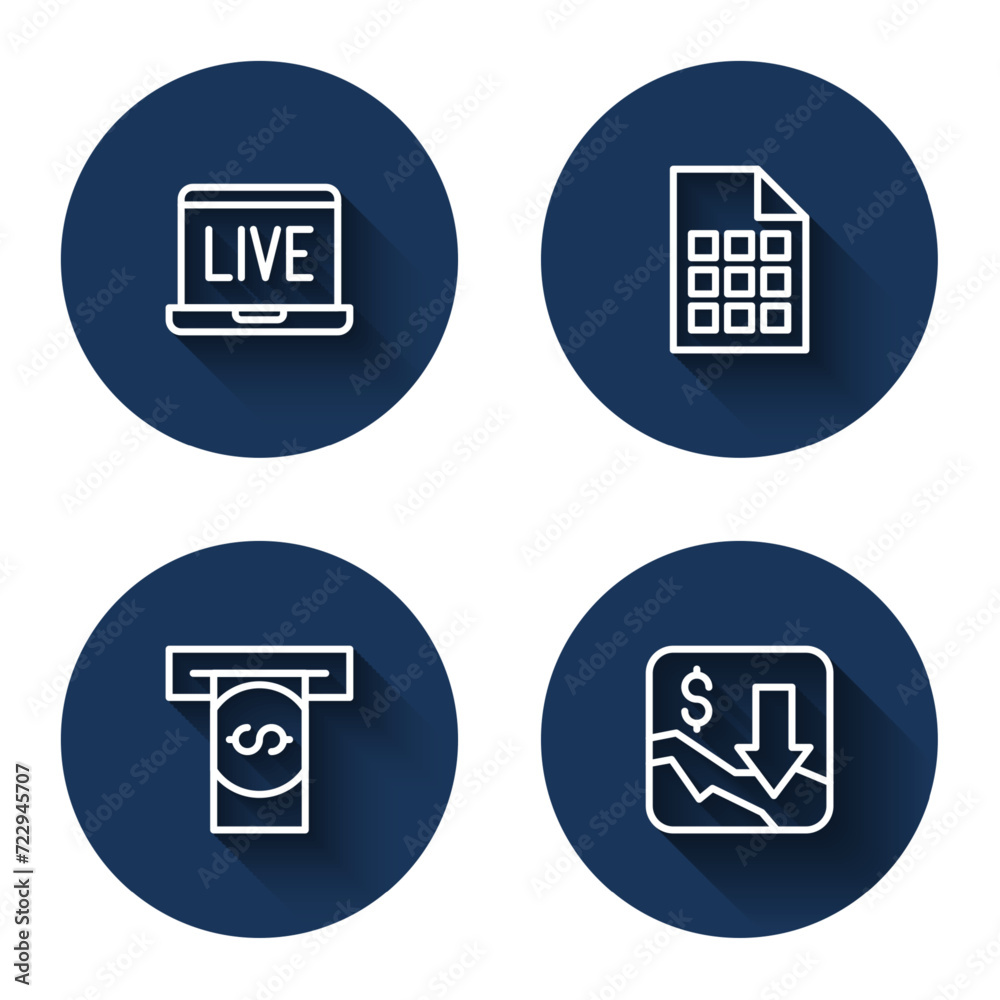 Set line Online poker table game, Lottery ticket, Automated teller machine and money and Financial growth decrease with long shadow. Blue circle button. Vector