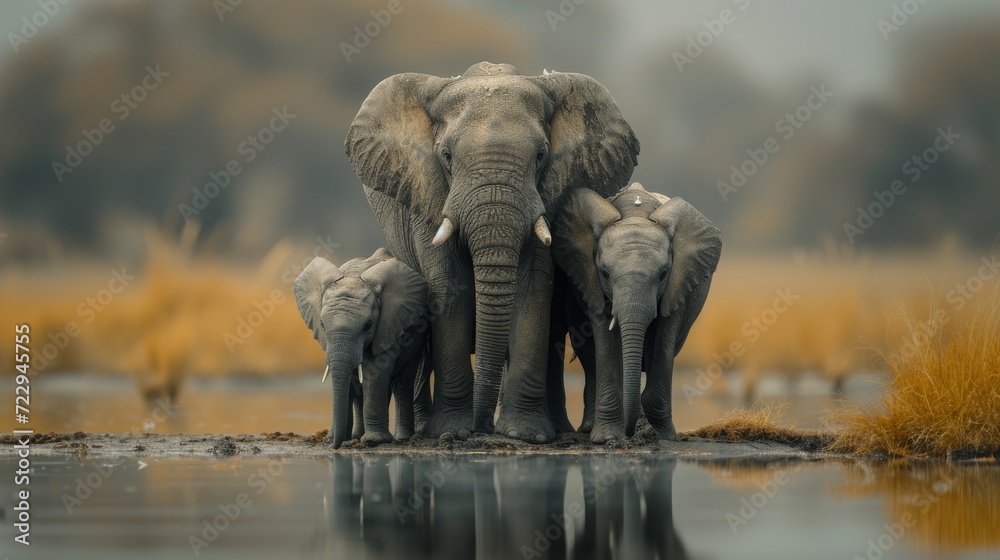 Fototapeta premium Elephant Family, Heartwarming scene of a family of elephants, emphasizing the strong bonds within the animal kingdom. 