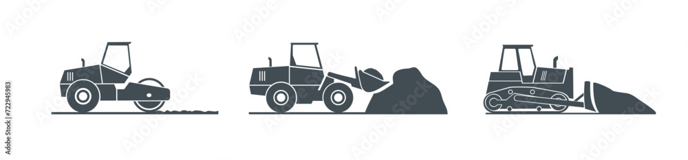 Construction machinery. Special equipment for construction work. Loader,excavator,tractor,bulldozers, asphalt road roller, road grader.Commercial vehicles.Color flat vector illustration. SVG. Isolated