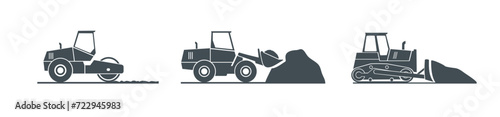 Construction machinery. Special equipment for construction work. Loader,excavator,tractor,bulldozers, asphalt road roller, road grader.Commercial vehicles.Color flat vector illustration. SVG. Isolated photo