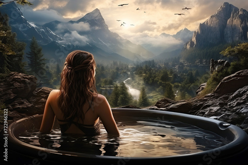 woman is relaxing in a Jacuzzi bath in spa hotel in nature with a view of mountains and forest in summer