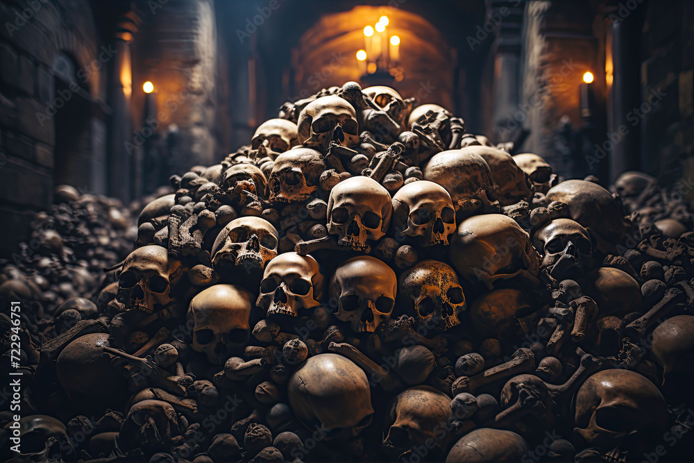 pile of human skulls in underground ancient crypt burial grave. Dead people bone skeleton who died from the war and the epidemic in catacombs - obrazy, fototapety, plakaty 
