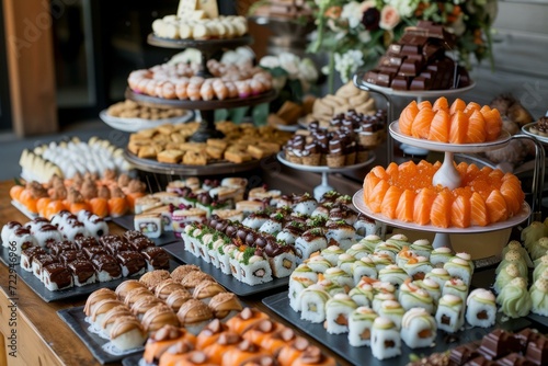 A table full of delicious food, including sushi, cakes, and chocolate