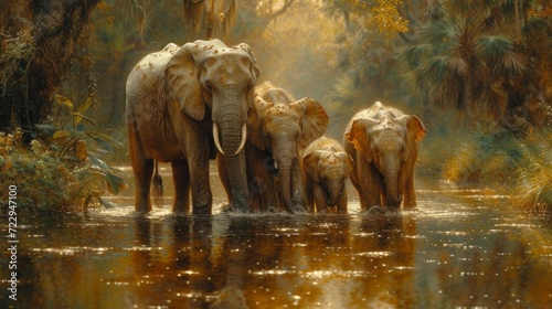 Elephant Family, Heartwarming scene of a family of elephants, emphasizing the strong bonds within the animal kingdom.  © Nico