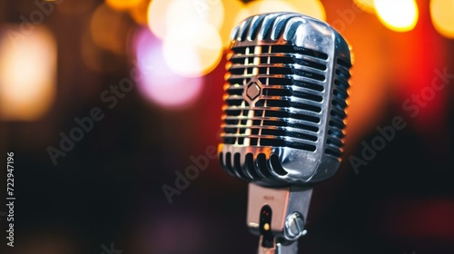 Retro silver microphone on stage with blurred background
