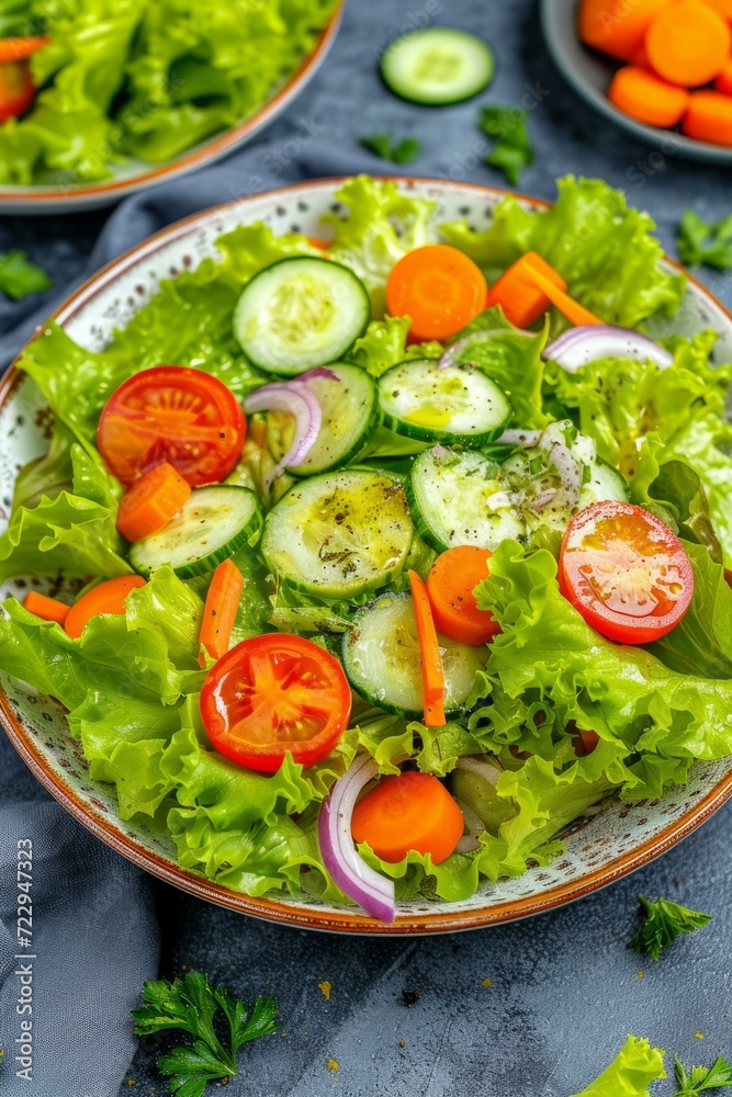 Fresh salad with lettuce, cucumbers, carrots, tomatoes and red onion