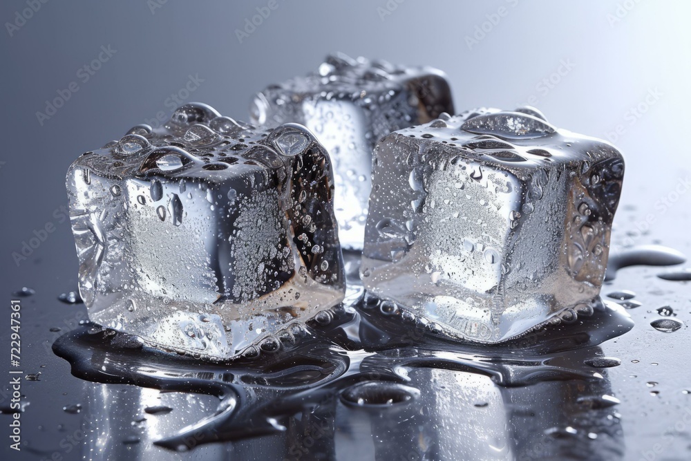 Three ice cubes melting on a reflective surface Three ice cubes melting on a reflective surface