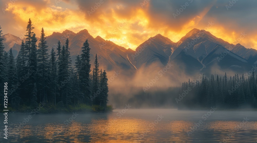 The sun sets over a mountain lake, casting a golden glow on the water and trees