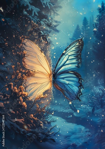butterfly, one wing represents the cold scene, the other wing radiates warmth
