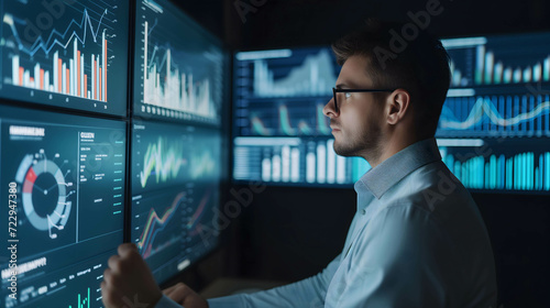 portrait of businessman analysis and research financial dashboard on monitor, business and investment growth plan