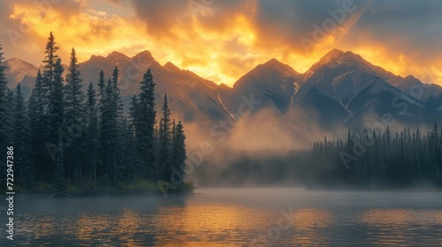 The sun sets over a mountain lake, casting a golden glow on the water and trees