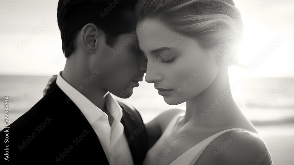 beautiful Caucasian bride and groom embracing on the background of the sea. Black and white photograph, empty beach, clear facial features. beautiful Caucasian bride and groom embracing on the background of the sea. Black and white photograph, empty beach, clear facial features.