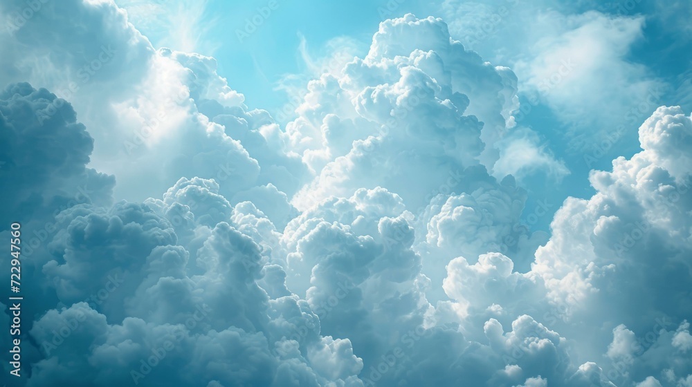 Bright and fluffy white cloudscape with a few wispy clouds drifting in the foreground - obrazy, fototapety, plakaty 