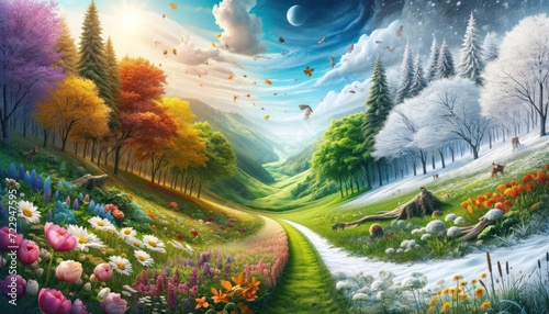 A whimsical landscape where a single winding path divides the four seasons, showcasing blooming spring, lush summer, colorful autumn, and a snowy winter, all in harmony photo