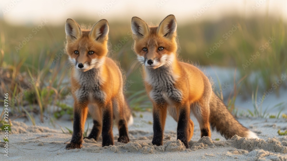 Fototapeta premium Two red foxes standing on the beach