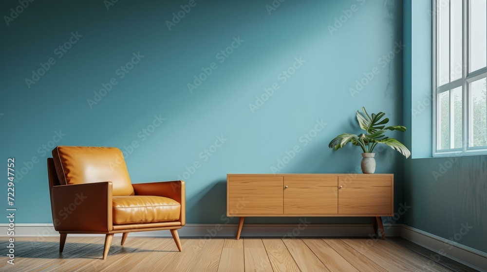 Retro living room interior with brown leather armchair and wooden cabinet Retro living room interior with brown leather armchair and wooden cabinet