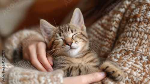 A cute tabby kitten being held by a human