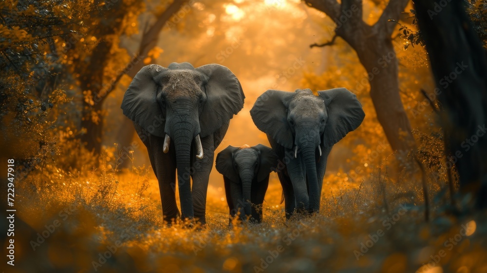 Obraz premium Elephant Family, Heartwarming scene of a family of elephants, emphasizing the strong bonds within the animal kingdom. 
