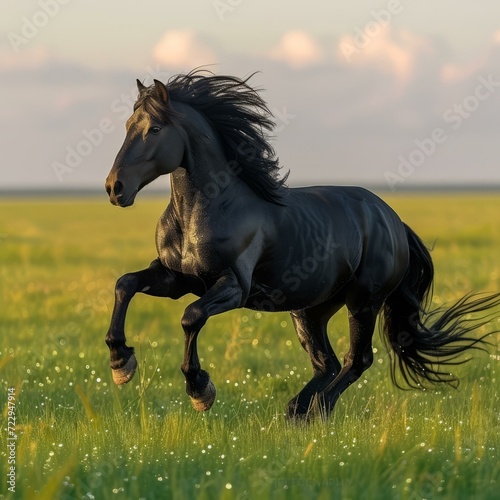 A black horse is running in the green field © Adobe Contributor