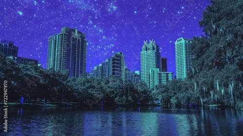 Night view of a city with a lake and skyscrapers in the background © Adobe Contributor