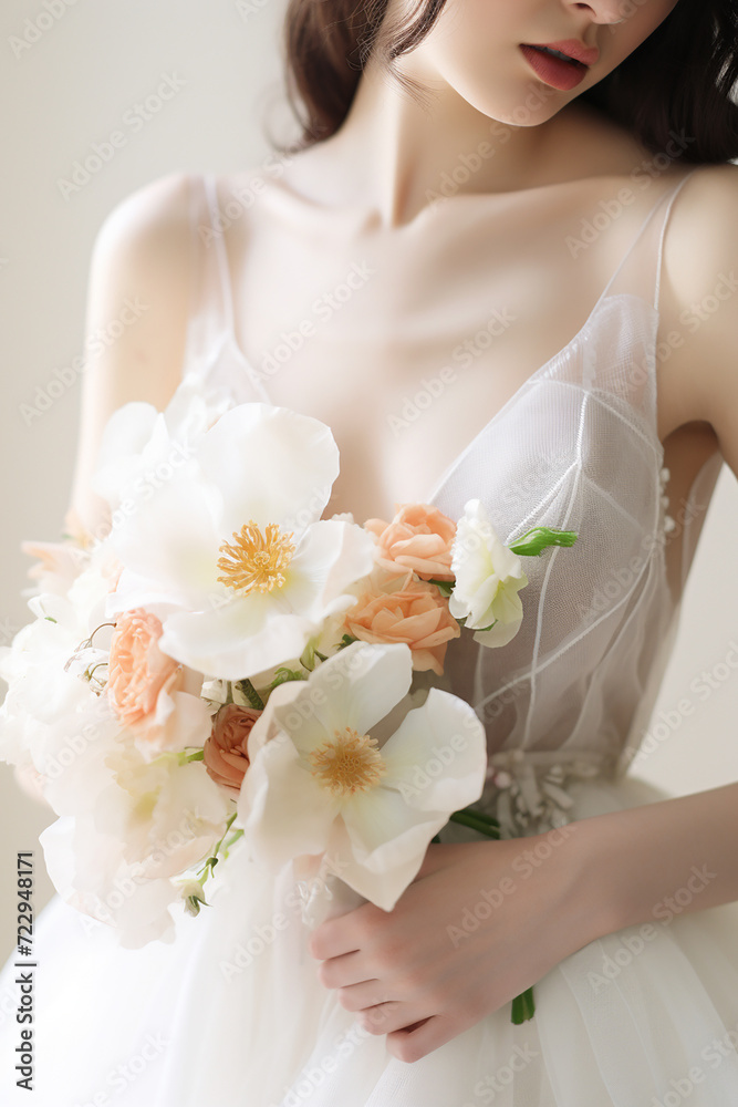 Beautiful asian woman in white dress with peony flower bouquet. bride holds very small bouquet of peach peonies. Wedding photography. Beautiful asian woman in white dress with peony flower bouquet. bride holds very small bouquet of peach peonies. Wedding photography.